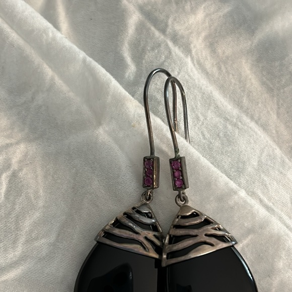 Vintage David Sigal 925 Sterling Onyx Ruby Earrings - Picture 7 of 14